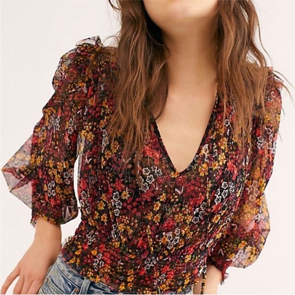 Free People Tops - Free People XS Twyla Smocked Sheer Ruffle Long Sleeve Floral V-Neck Top Blouse